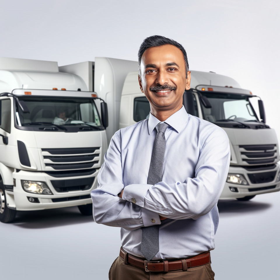 Friendly smiling handsome indian man automotive fleet manager at work on white background