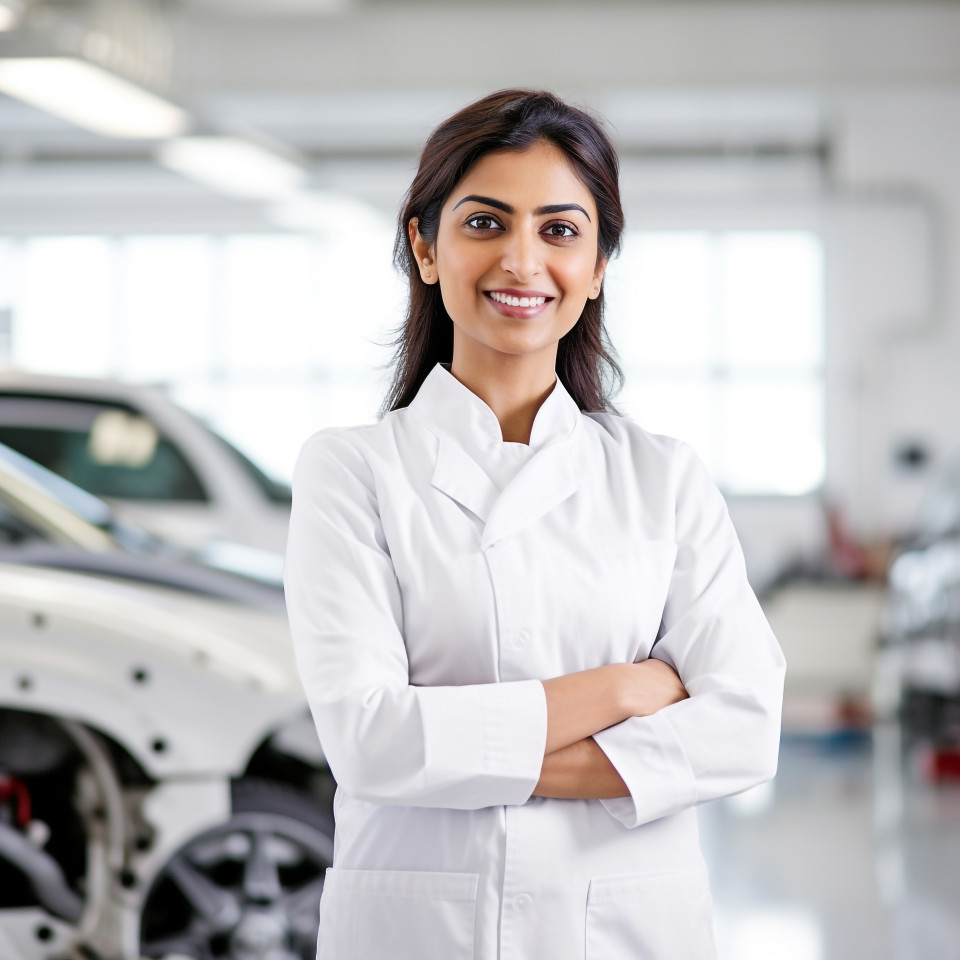 Friendly smiling beautiful indian woman automotive safety compliance specialist at work on white background