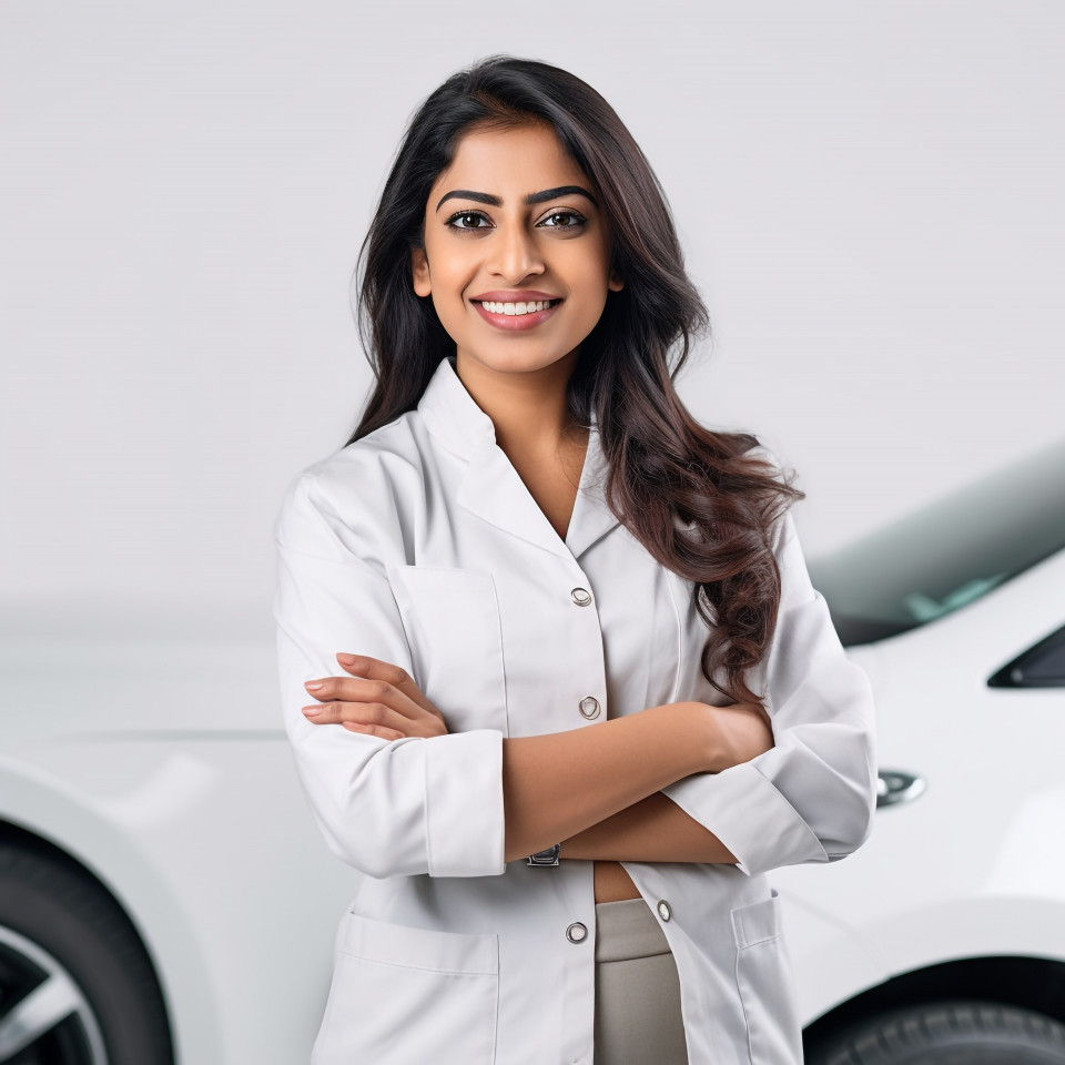 Friendly smiling beautiful indian woman automotive safety compliance specialist at work on white background