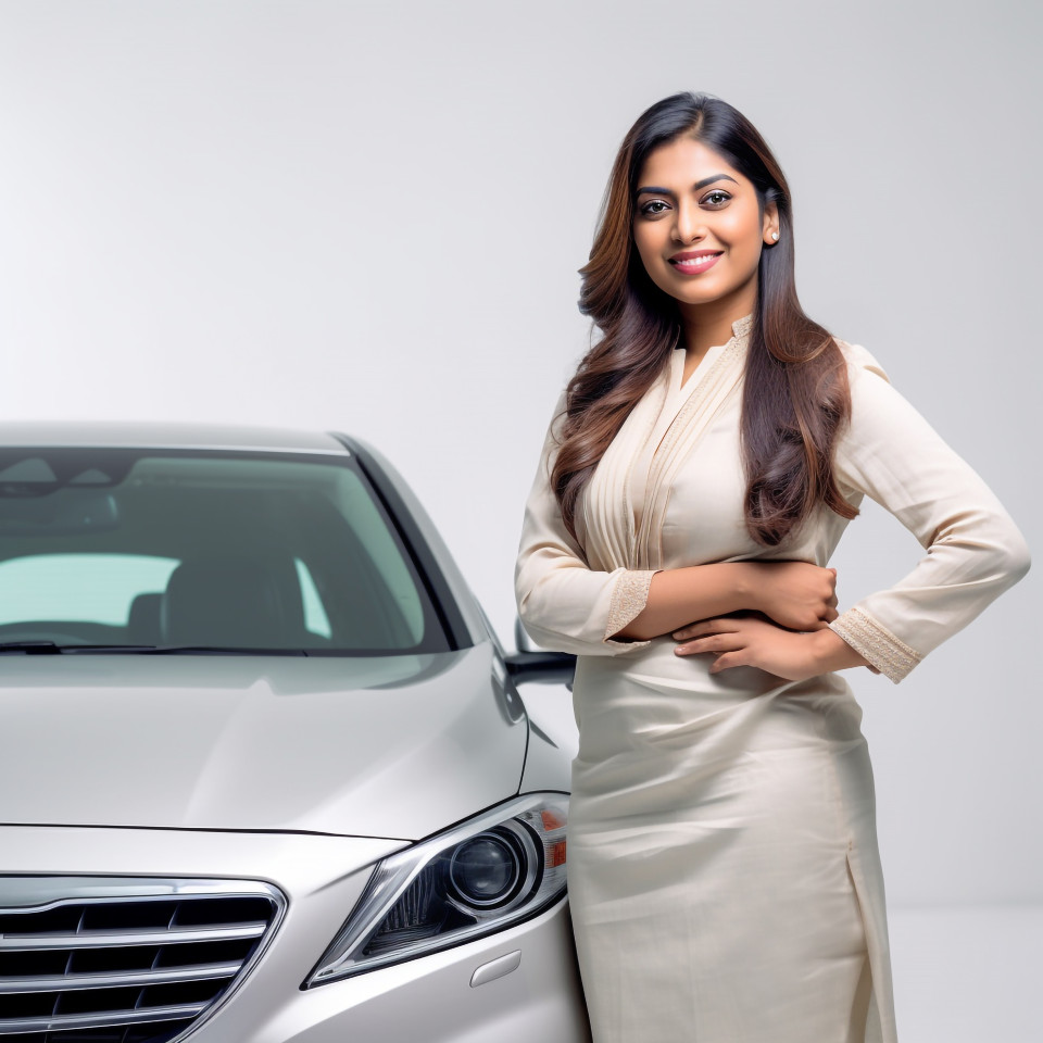 Friendly smiling beautiful indian woman automotive safety compliance specialist at work on white background