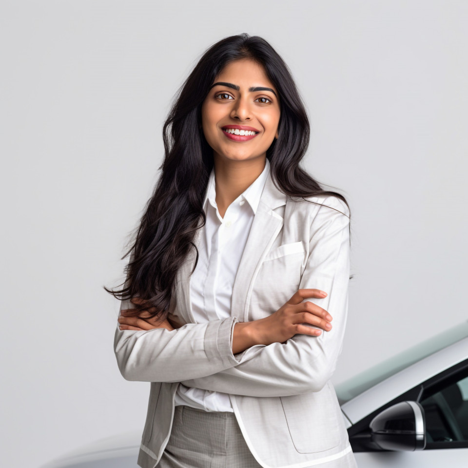 Friendly smiling beautiful indian woman automotive safety compliance specialist at work on white background