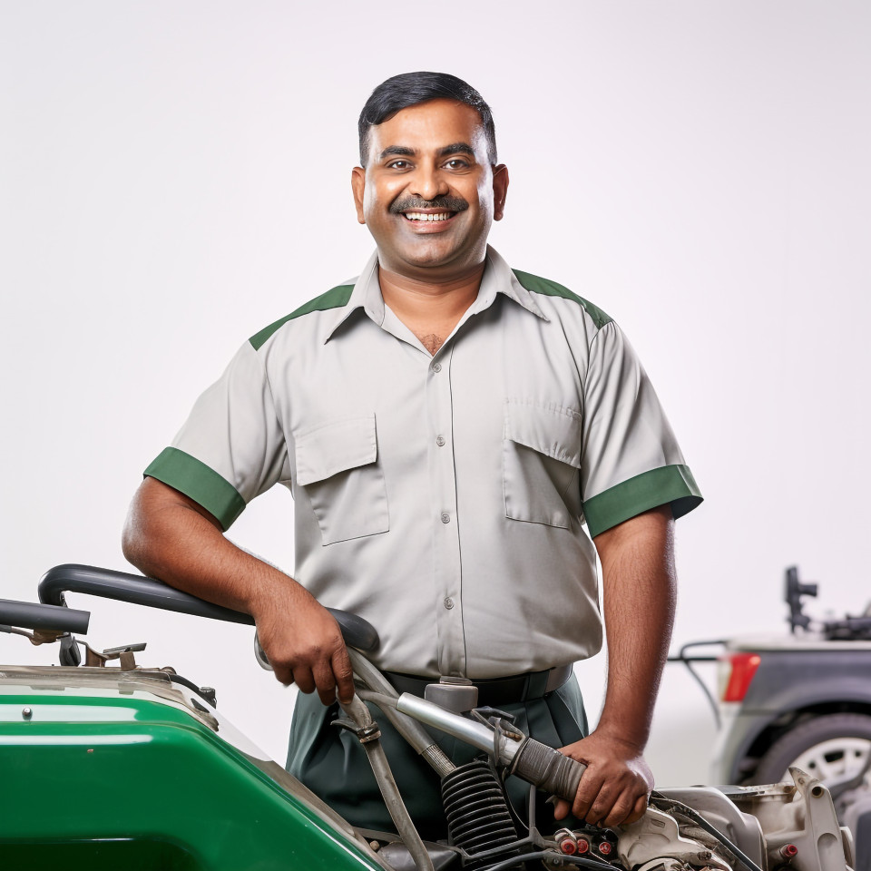 Friendly smiling handsome indian man automotive cleaning and maintenance staff at work on white background