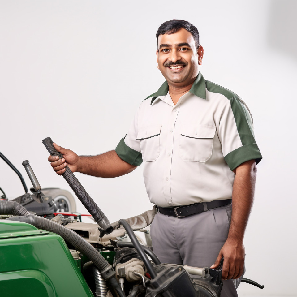 Friendly smiling handsome indian man automotive cleaning and maintenance staff at work on white background