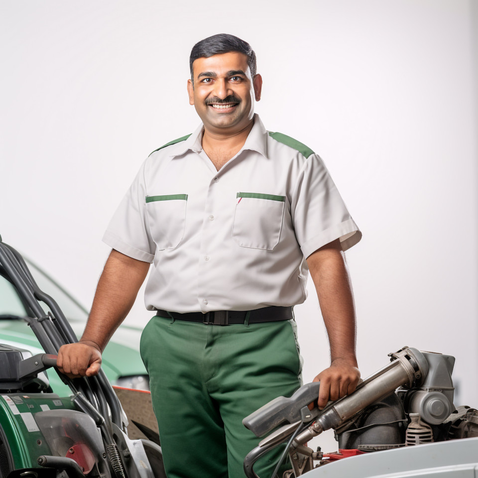 Friendly smiling handsome indian man automotive cleaning and maintenance staff at work on white background