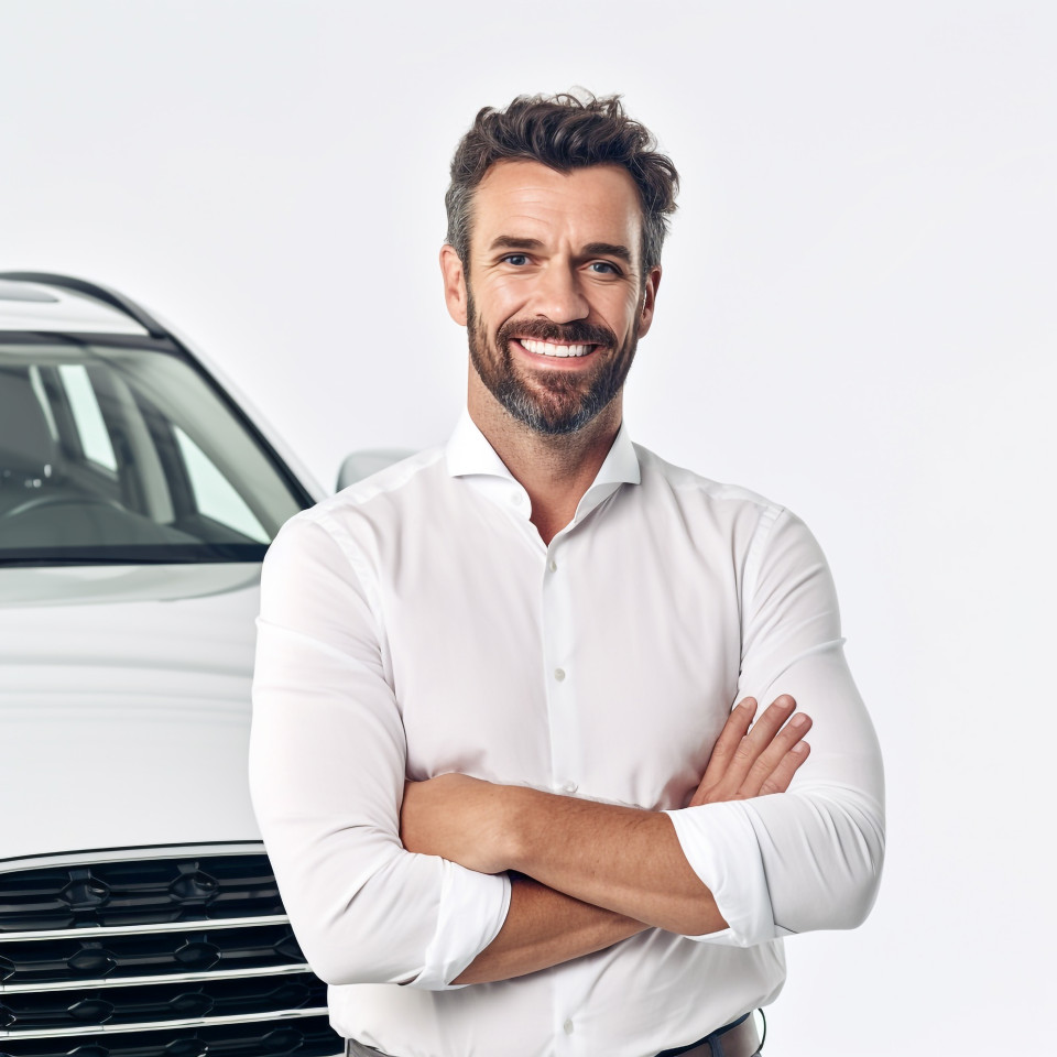 Friendly smiling handsome man automotive safety compliance specialist at work on white background