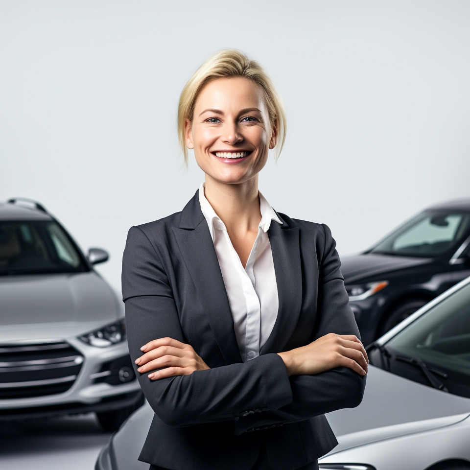Friendly smiling beautiful woman automotive fleet manager at work on white background