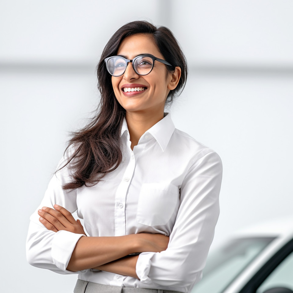 Friendly smiling beautiful indian woman automotive inventory manager at work on white background