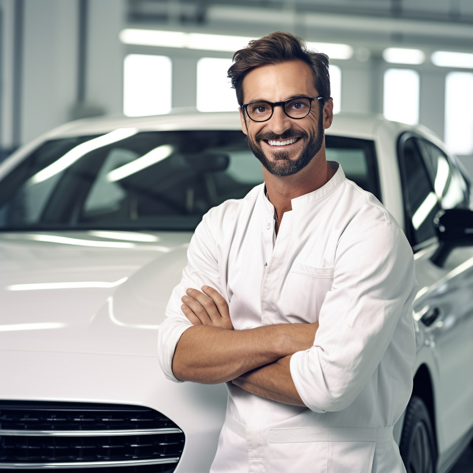Friendly smiling handsome man automotive valets at work on white background