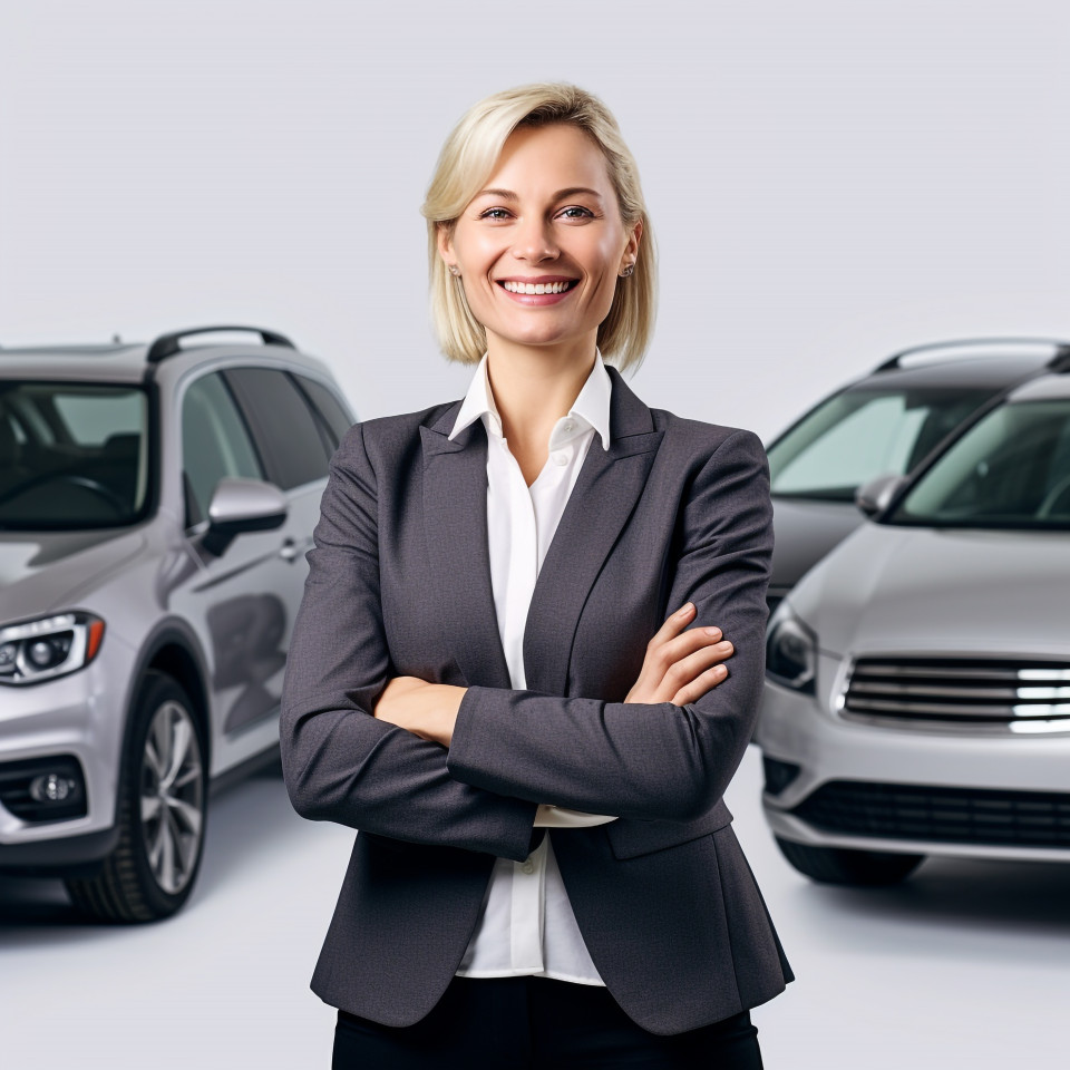 Friendly smiling beautiful woman automotive fleet manager at work on white background
