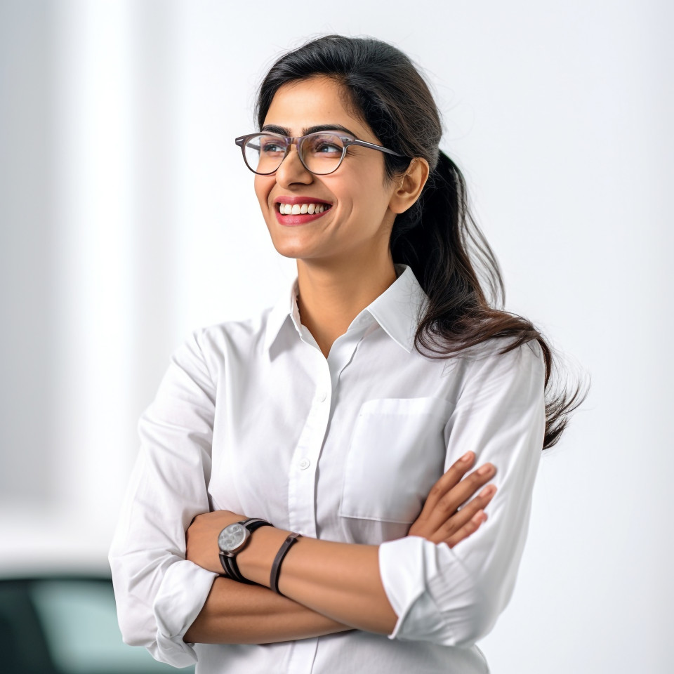 Friendly smiling beautiful indian woman automotive inventory manager at work on white background