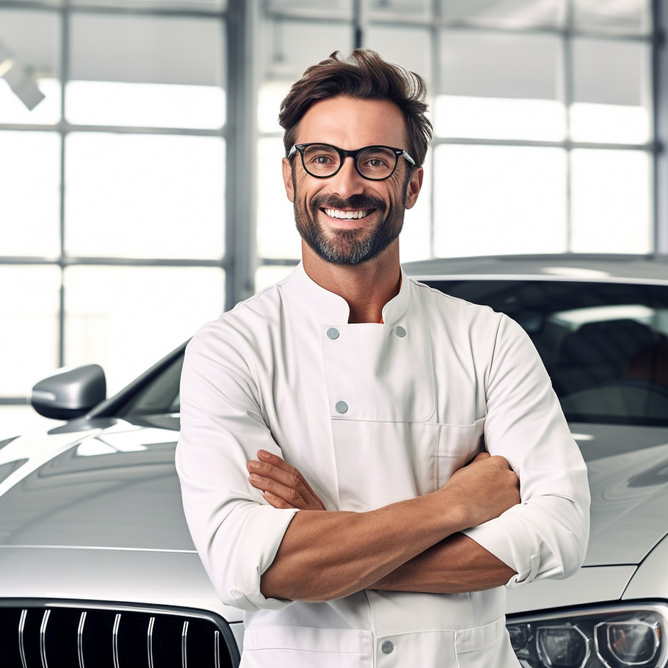 Friendly smiling handsome man automotive valets at work on white background