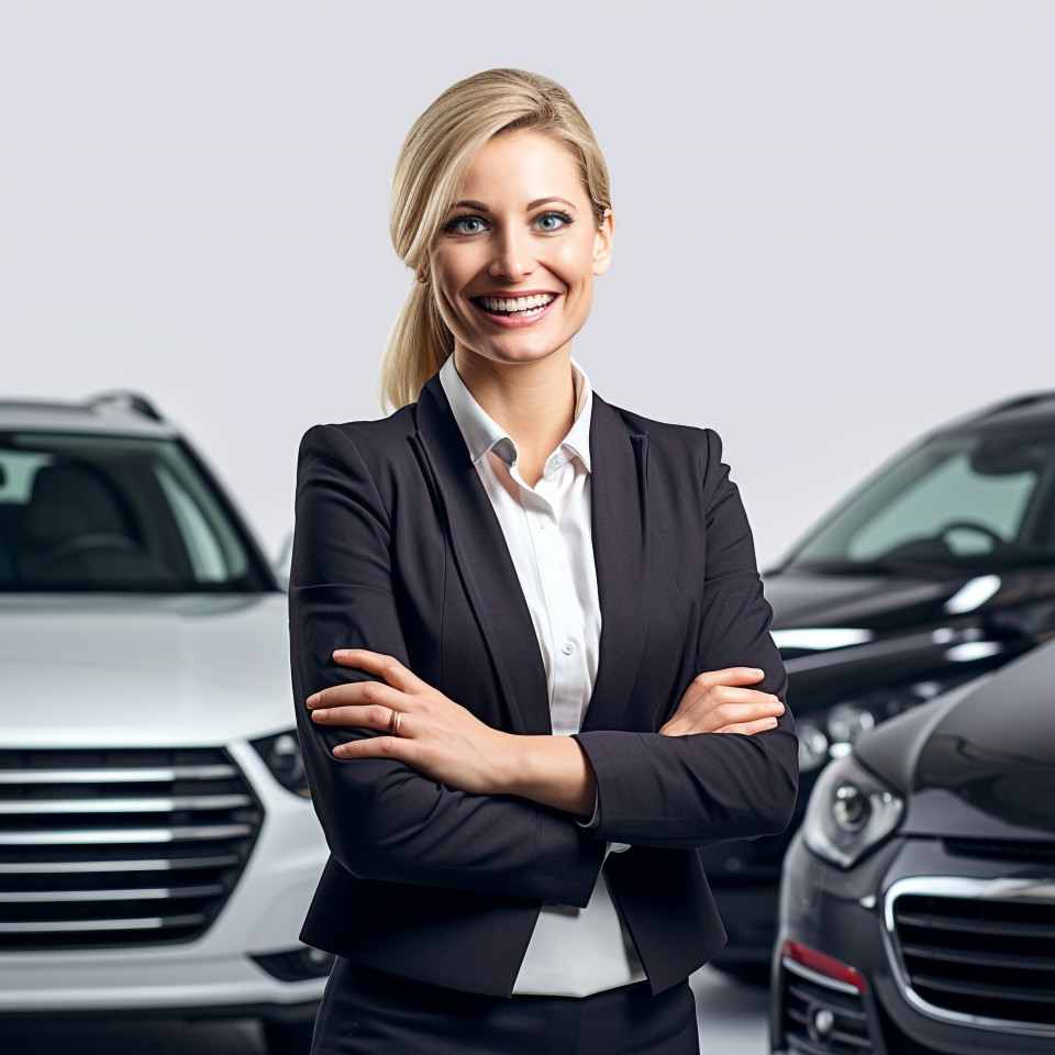 Friendly smiling beautiful woman automotive fleet manager at work on white background