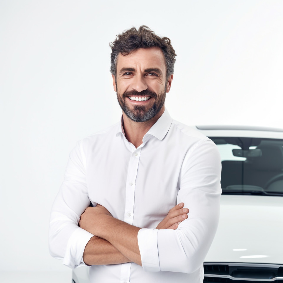 Friendly smiling handsome man automotive safety compliance specialist at work on white background