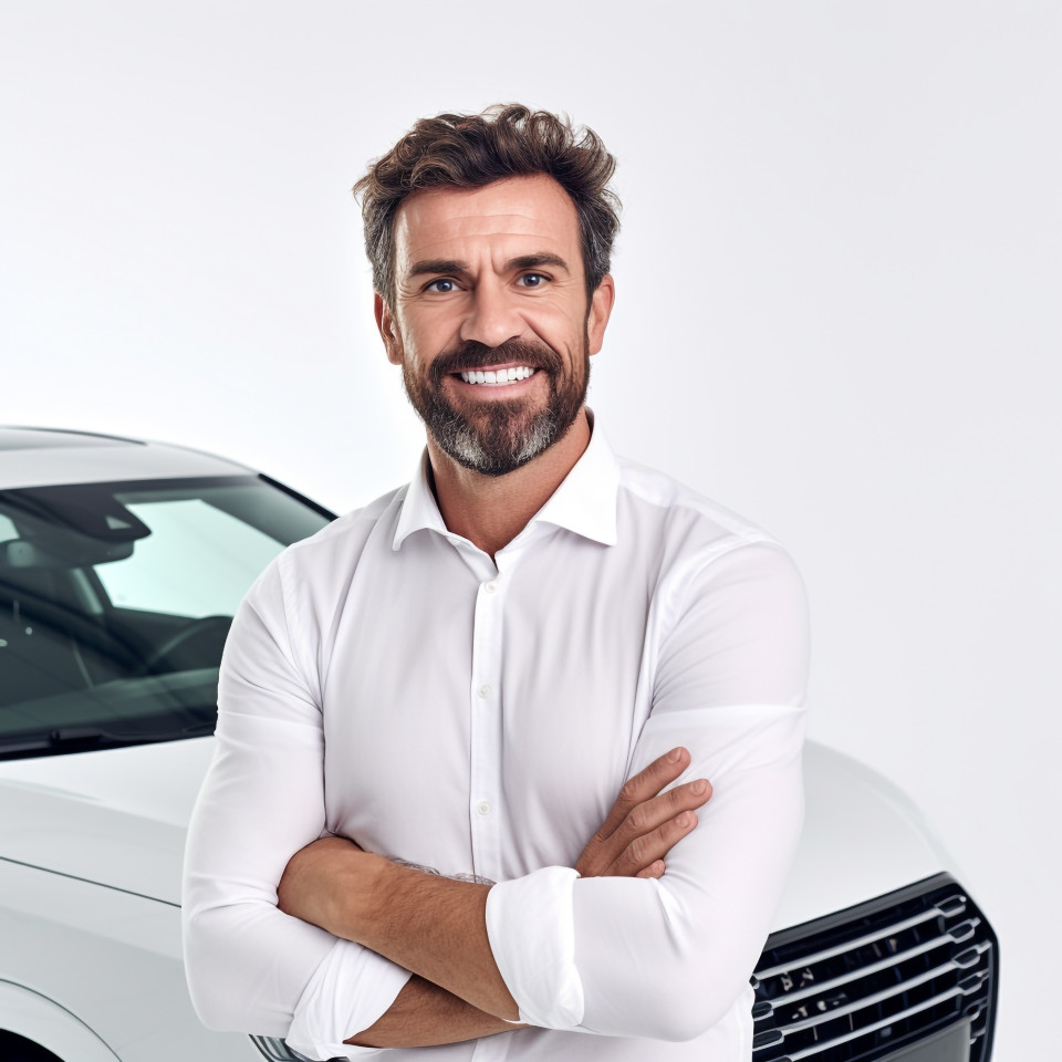 Friendly smiling handsome man automotive safety compliance specialist at work on white background