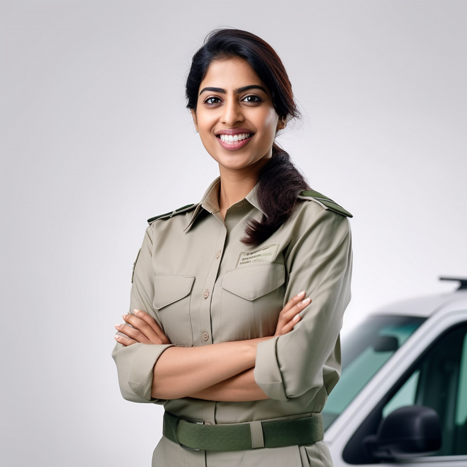 Friendly smiling beautiful indian woman automotive compliance and safety officer at work on white background