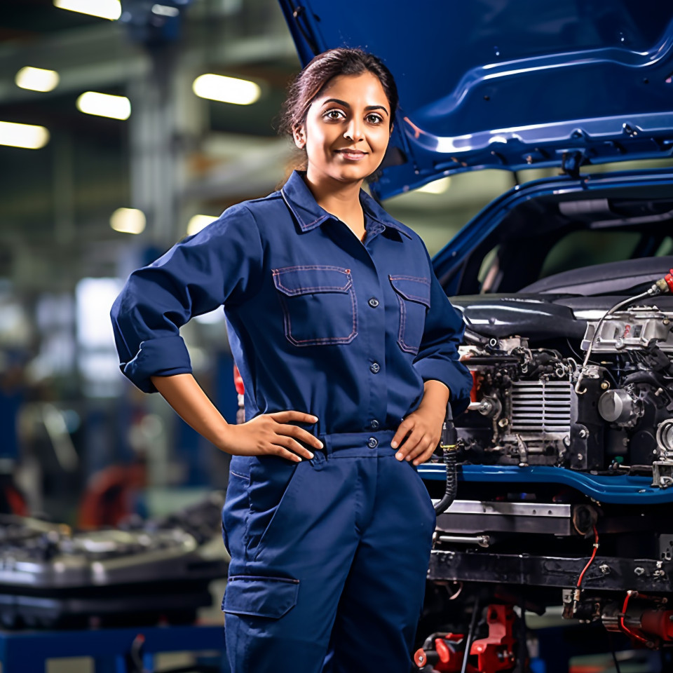 Confident beautiful indian woman automotive quality control inspector at work on white background