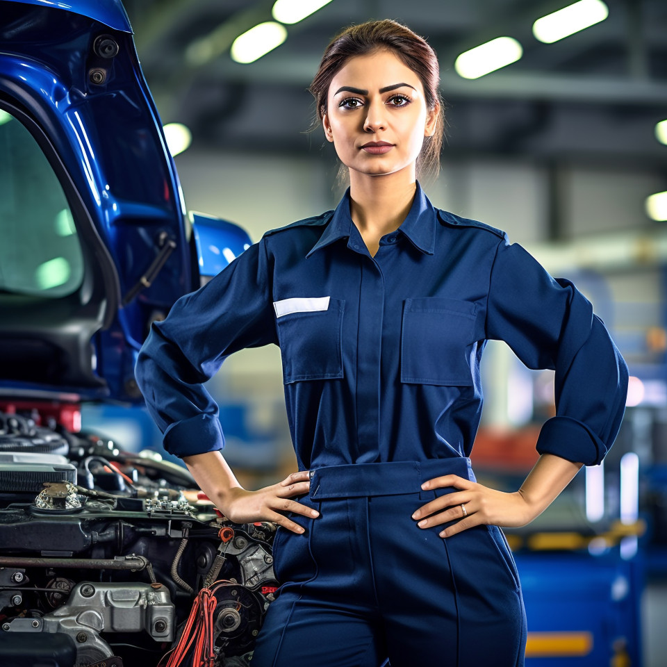 Confident beautiful indian woman automotive quality control inspector at work on white background