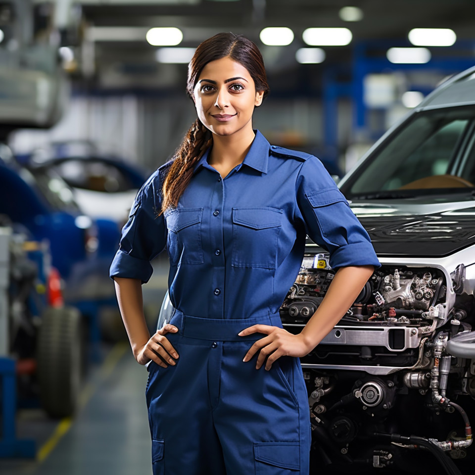 Confident beautiful indian woman automotive quality control inspector at work on white background