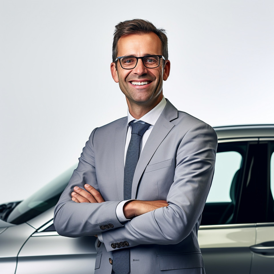 Friendly smiling handsome man automotive sales manager at work on white background