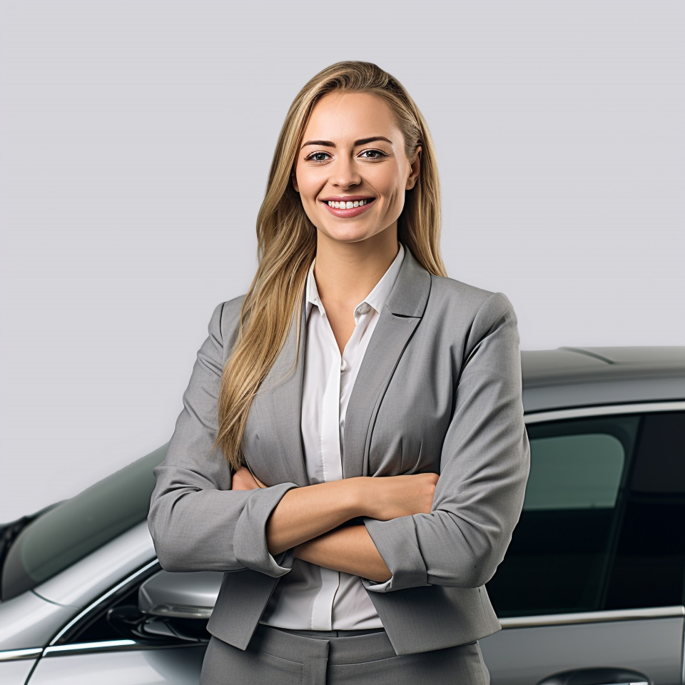 Friendly smiling beautiful woman automotive finance manager at work on white background