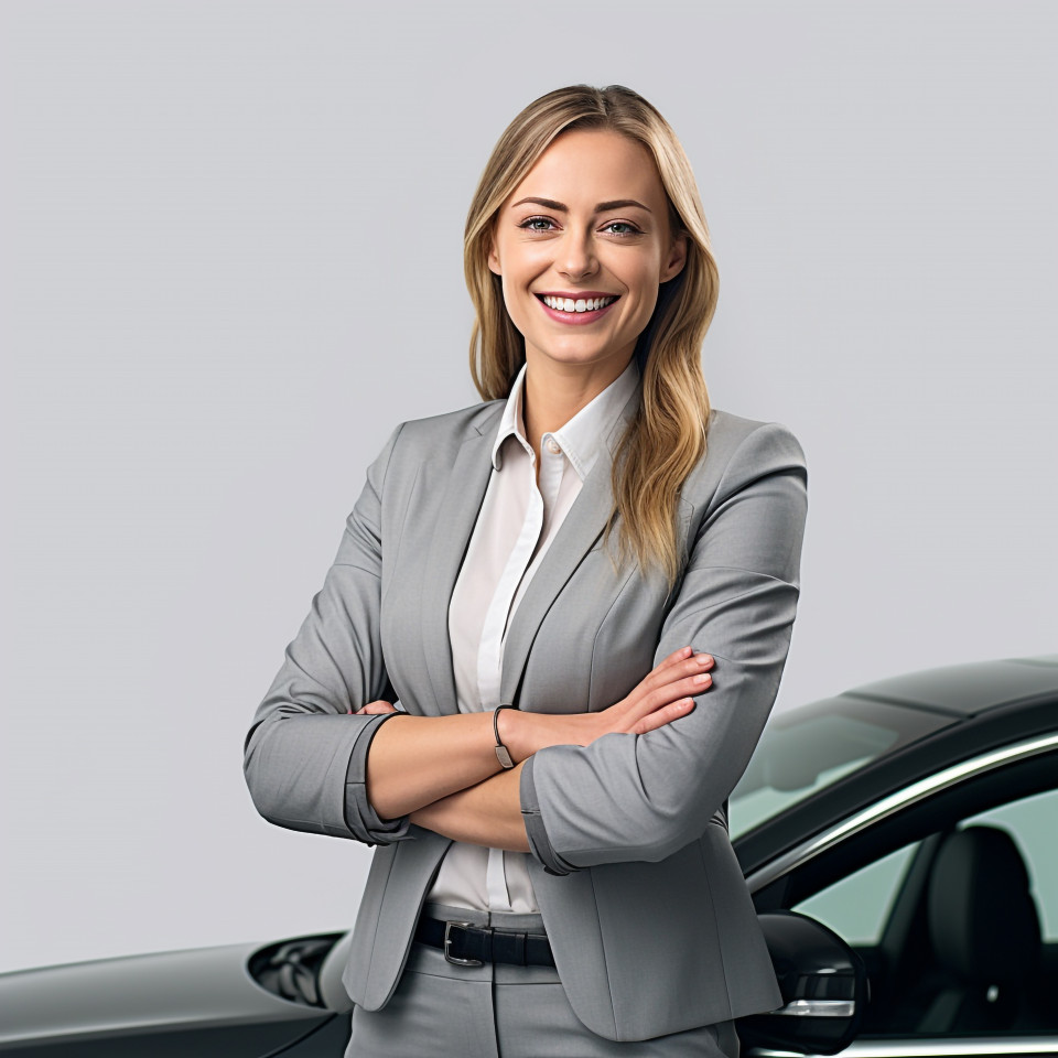Friendly smiling beautiful woman automotive finance manager at work on white background