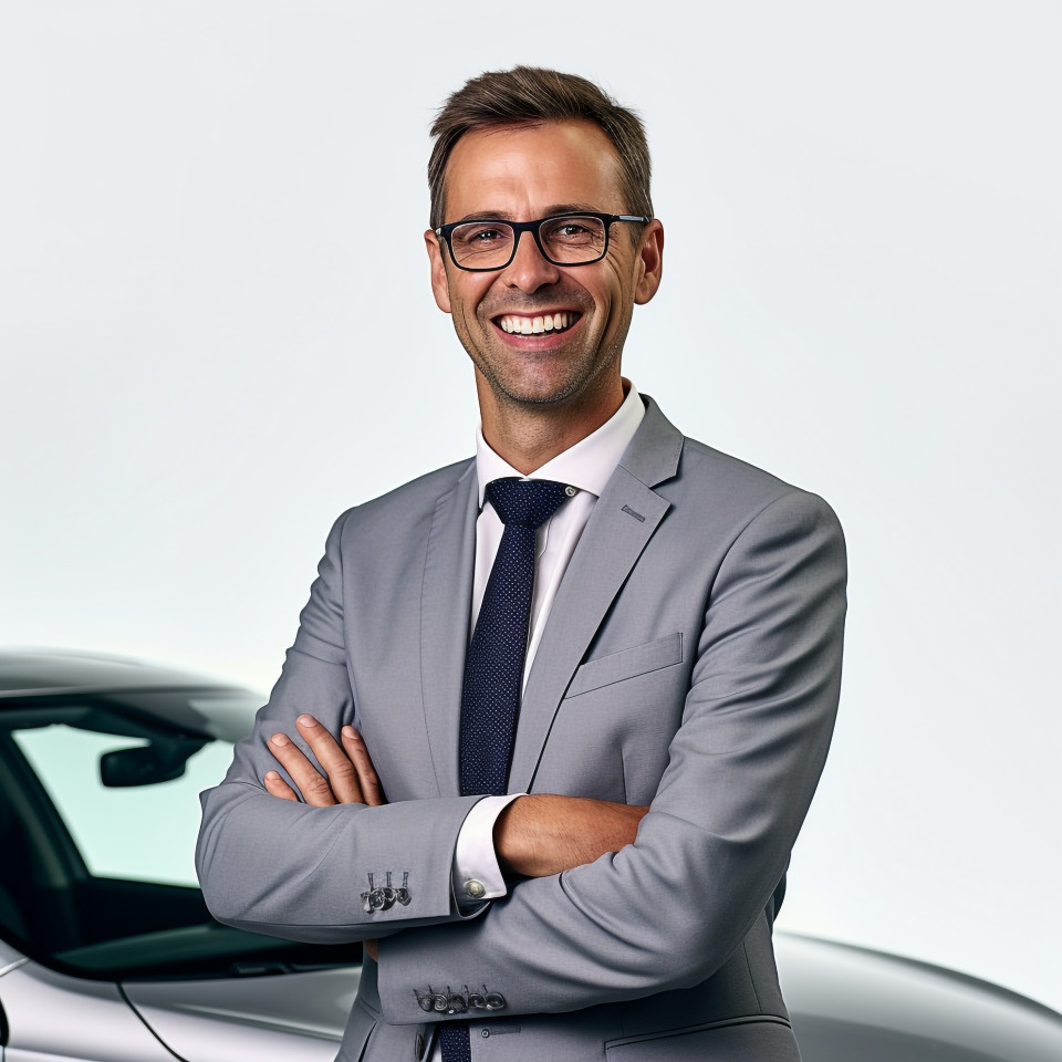 Friendly smiling handsome man automotive sales manager at work on white background