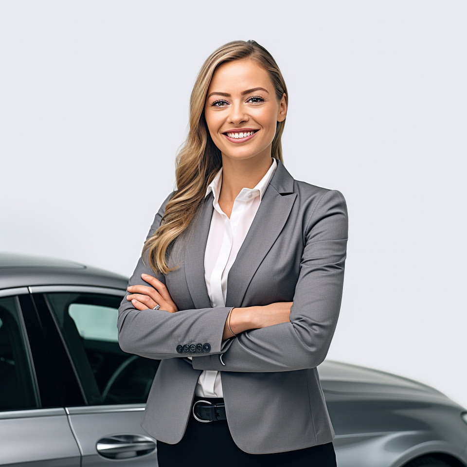 Friendly smiling beautiful woman automotive finance manager at work on white background