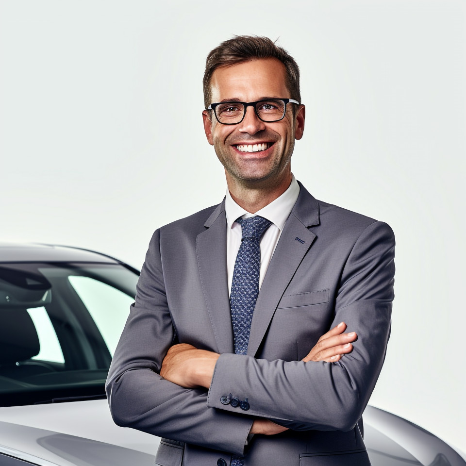 Friendly smiling handsome man automotive sales manager at work on white background