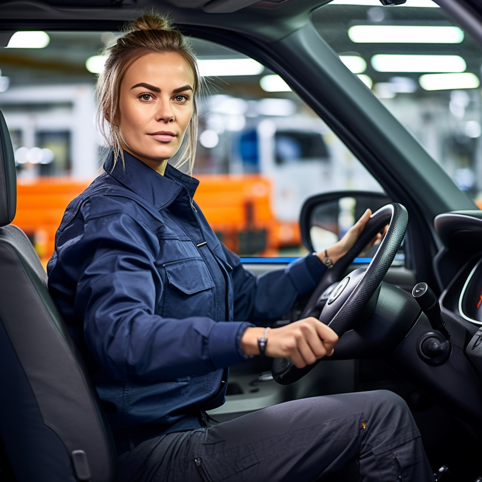 Confident beautiful woman automotive driver at work on blured background