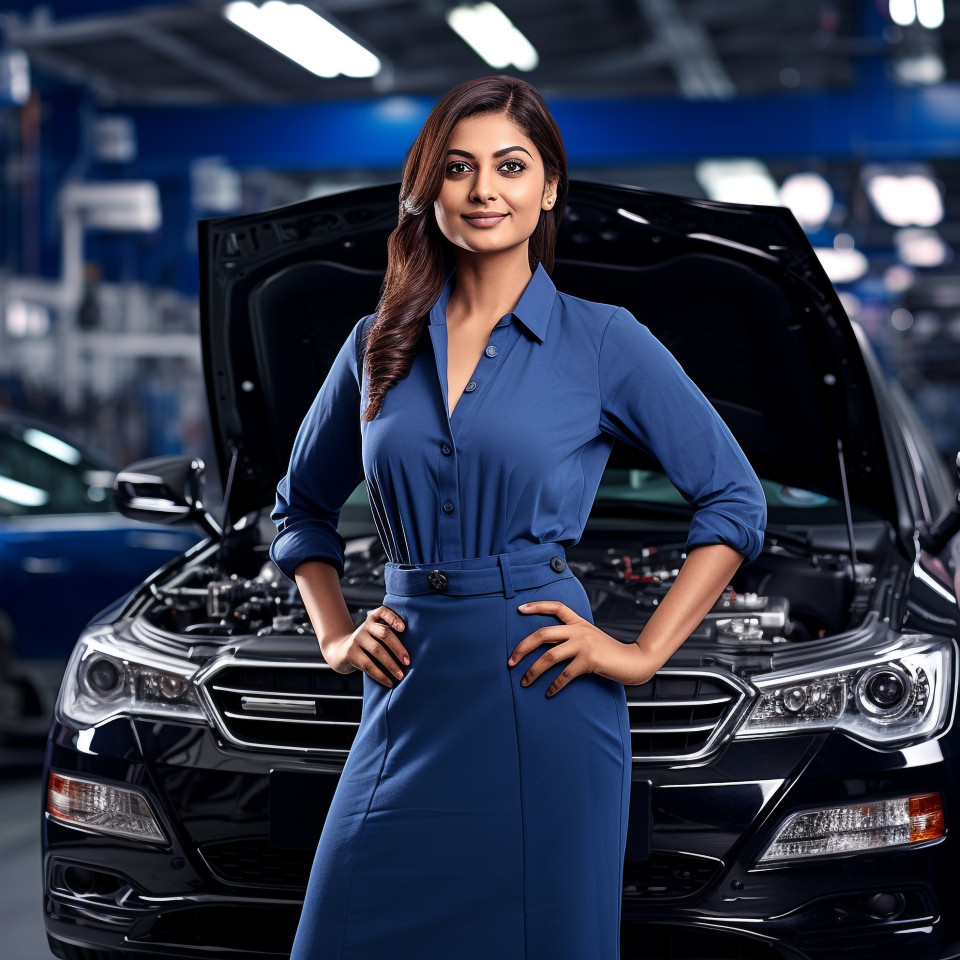 Confident beautiful indian woman automotive service manager at work on blured background