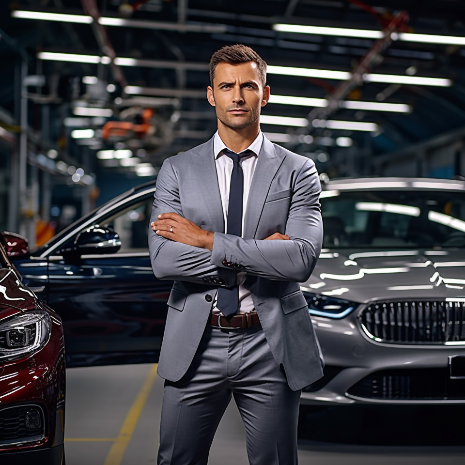 Confident handsome man automotive human resources manager at work on blured background