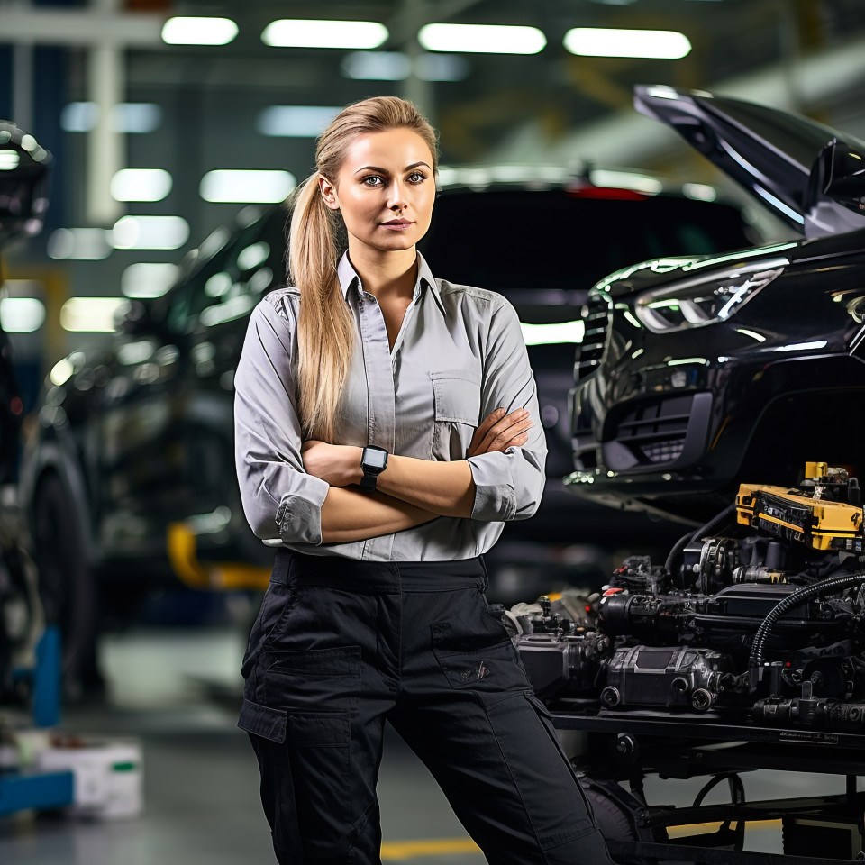 Confident beautiful woman automotive accountant at work on blured background