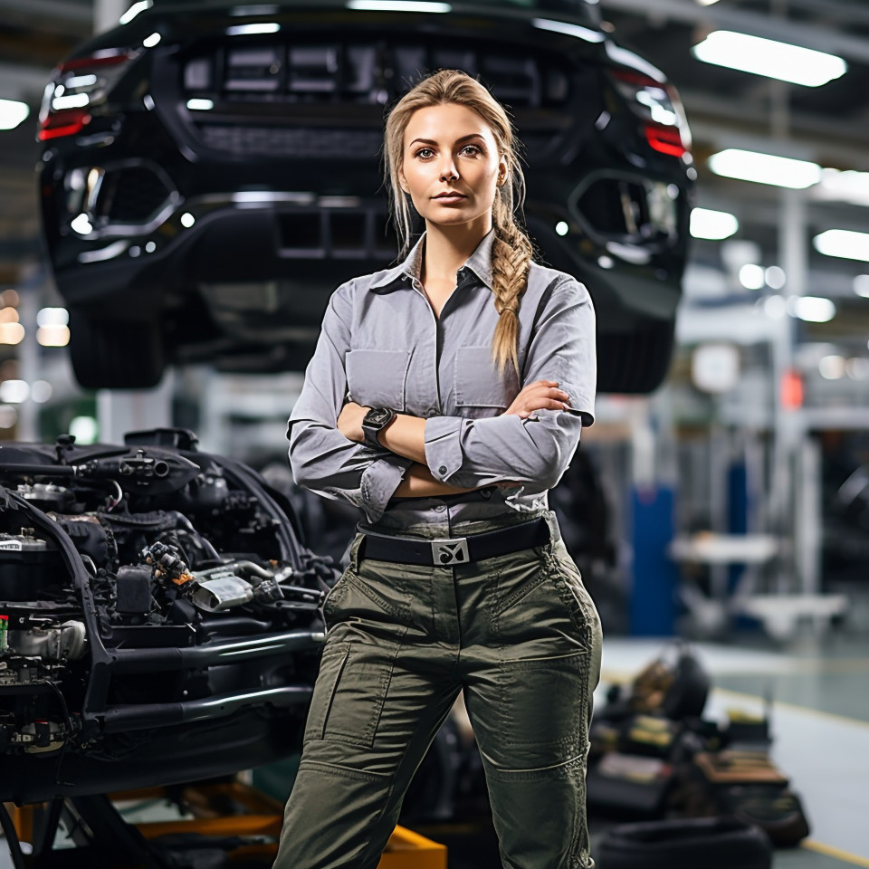 Confident beautiful woman automotive accountant at work on blured background