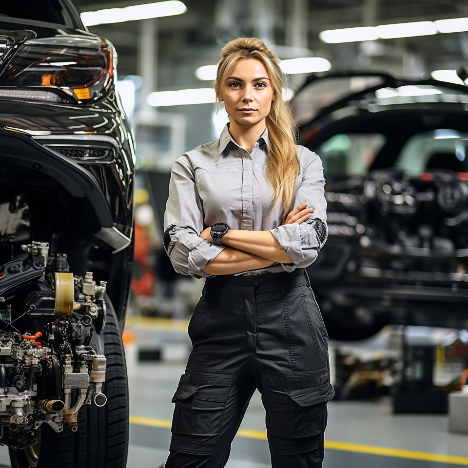 Confident beautiful woman automotive accountant at work on blured background