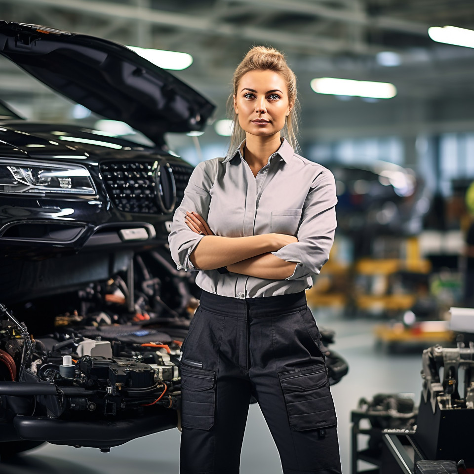 Confident beautiful woman automotive accountant at work on blured background