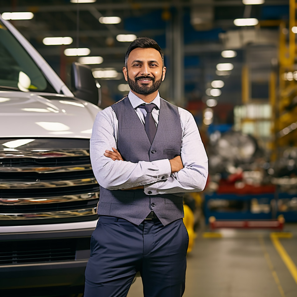 Confident handsome indian man automotive inventory manager at work on blured background