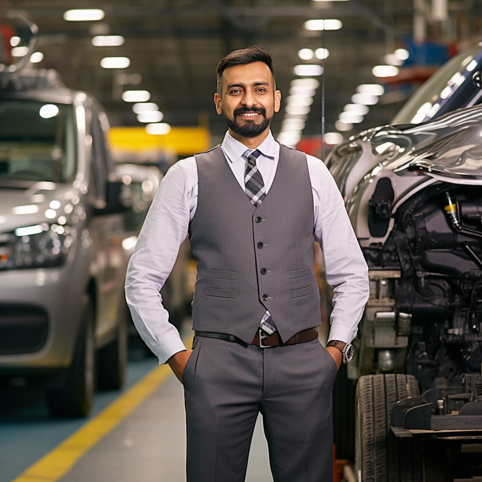 Confident handsome indian man automotive inventory manager at work on blured background