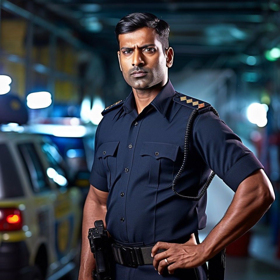 Confident handsome indian man automotive security personnel at work on blured background