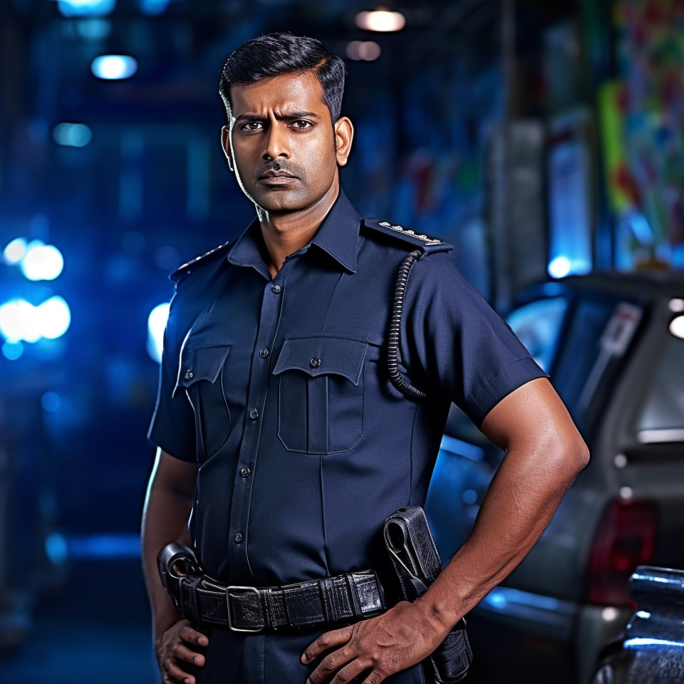 Confident handsome indian man automotive security personnel at work on blured background
