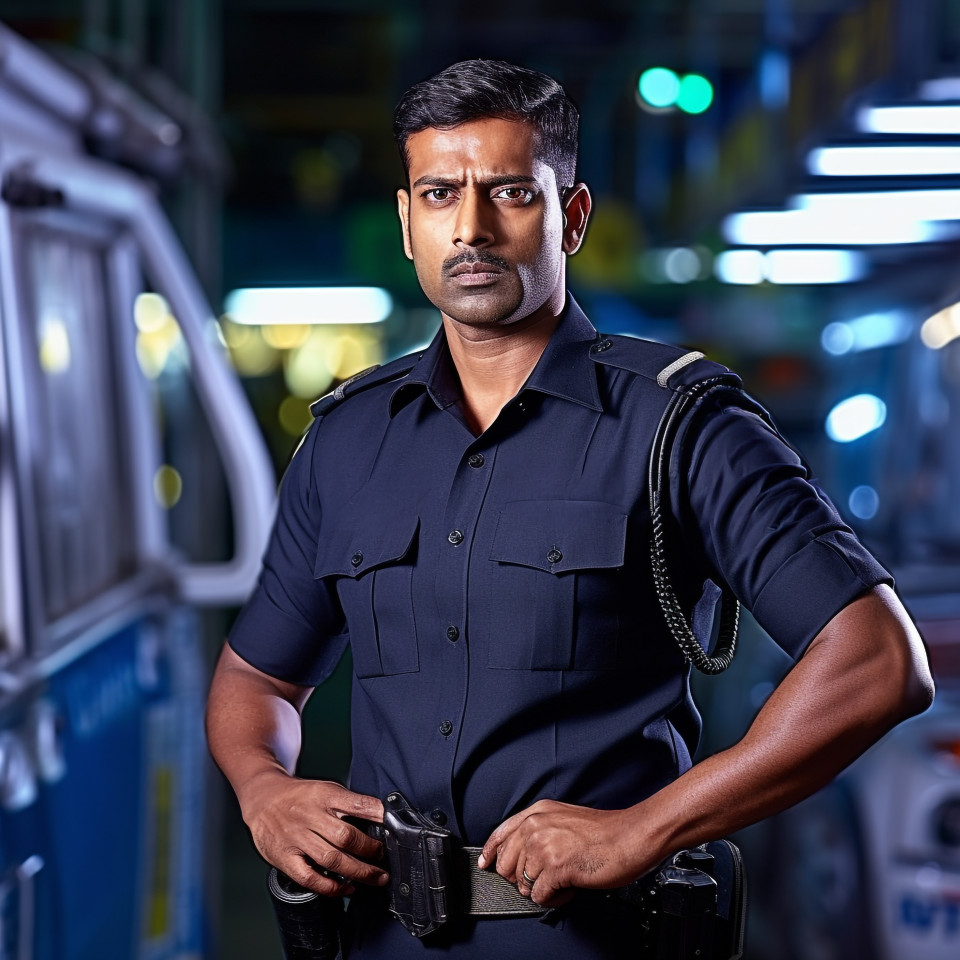 Confident handsome indian man automotive security personnel at work on blured background