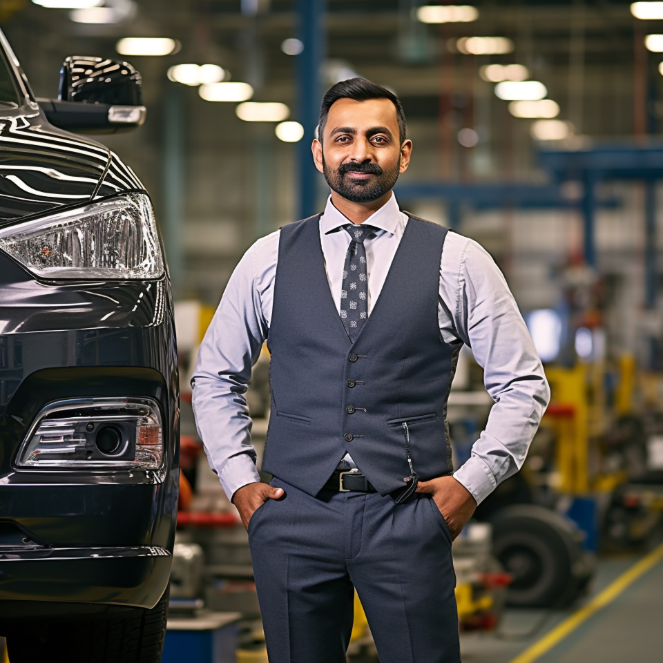 Confident handsome indian man automotive inventory manager at work on blured background