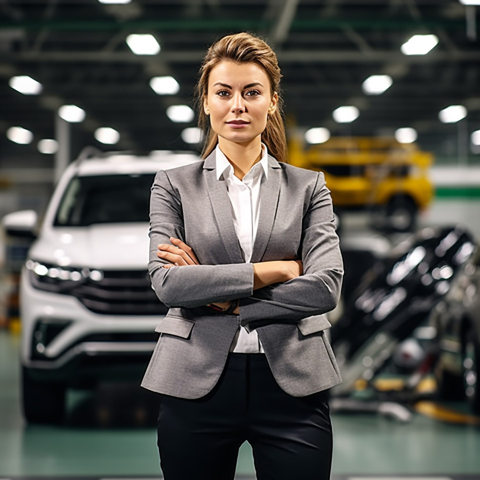 Confident beautiful woman automotive general manager at work on blured background