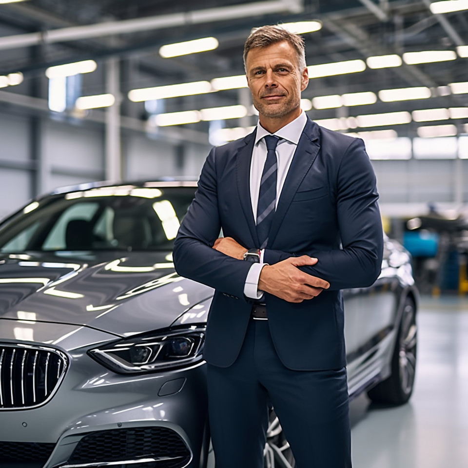 Confident handsome man automotive general manager at work on blured background