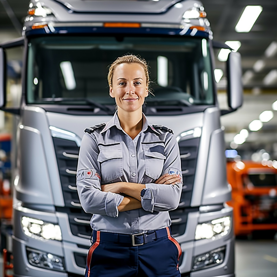 Confident beautiful woman automotive inventory manager at work on blured background