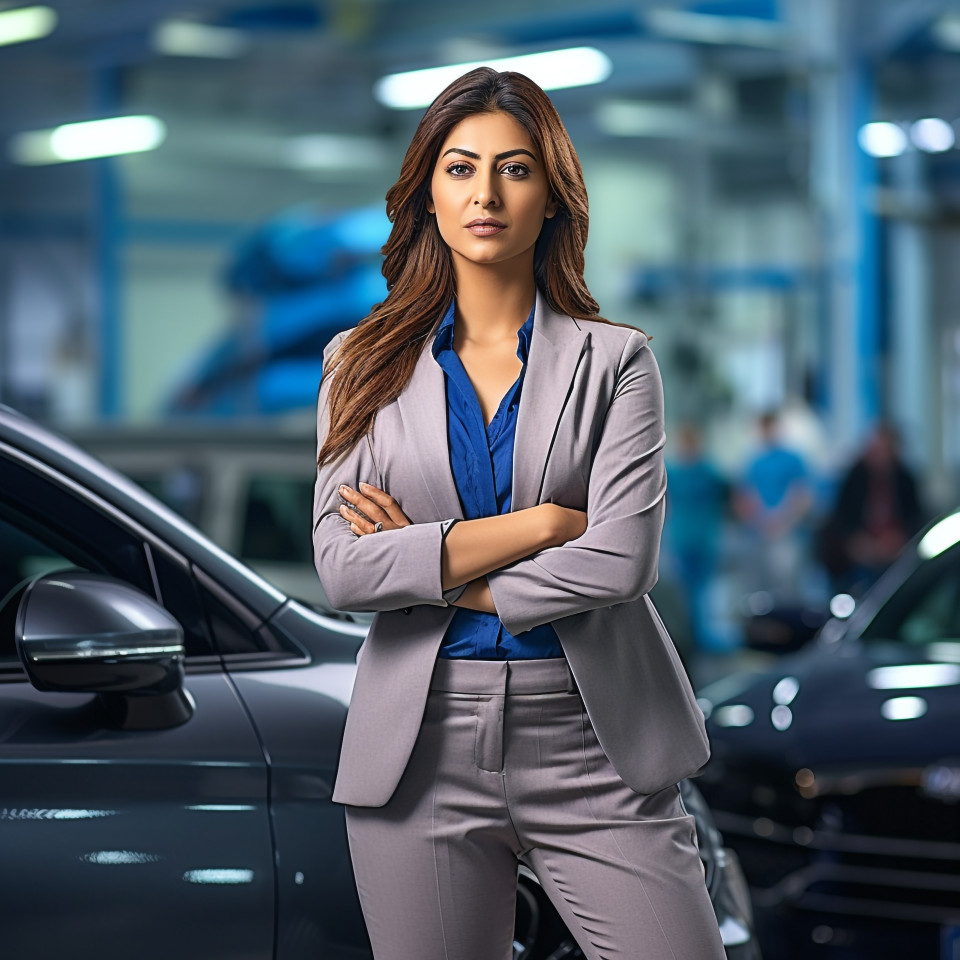 Confident beautiful indian woman automotive finance manager at work on blured background
