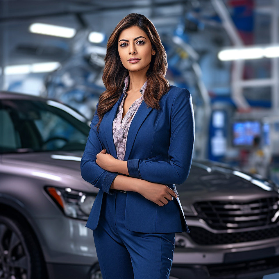 Confident beautiful indian woman automotive finance manager at work on blured background