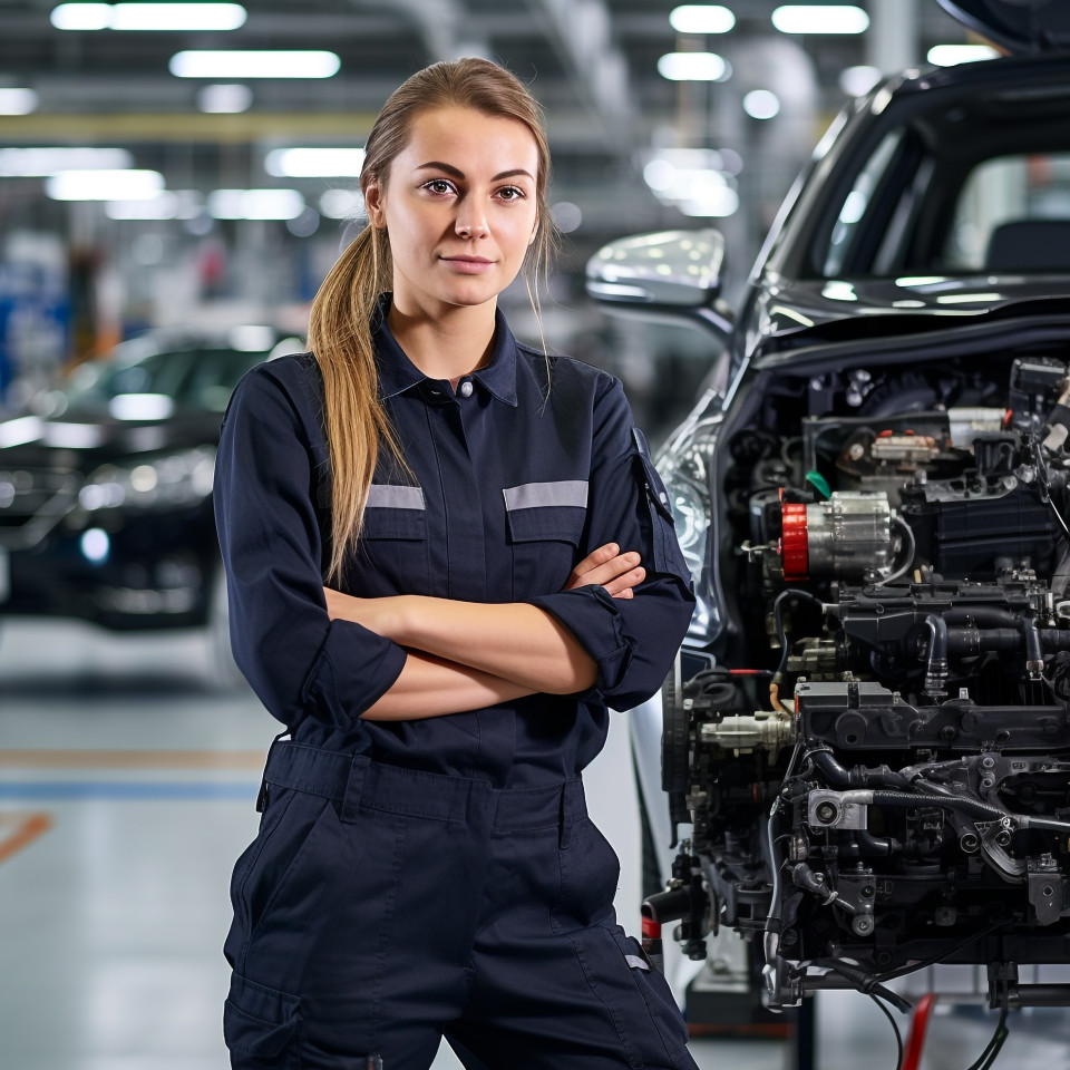 Confident beautiful woman automotive quality control inspector at work on blured background
