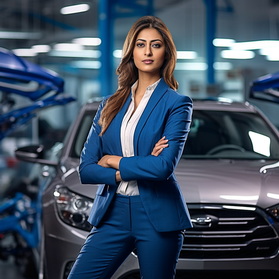 Confident beautiful indian woman automotive finance manager at work on blured background