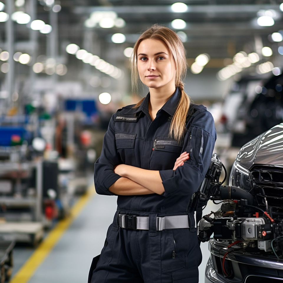 Confident beautiful woman automotive quality control inspector at work on blured background