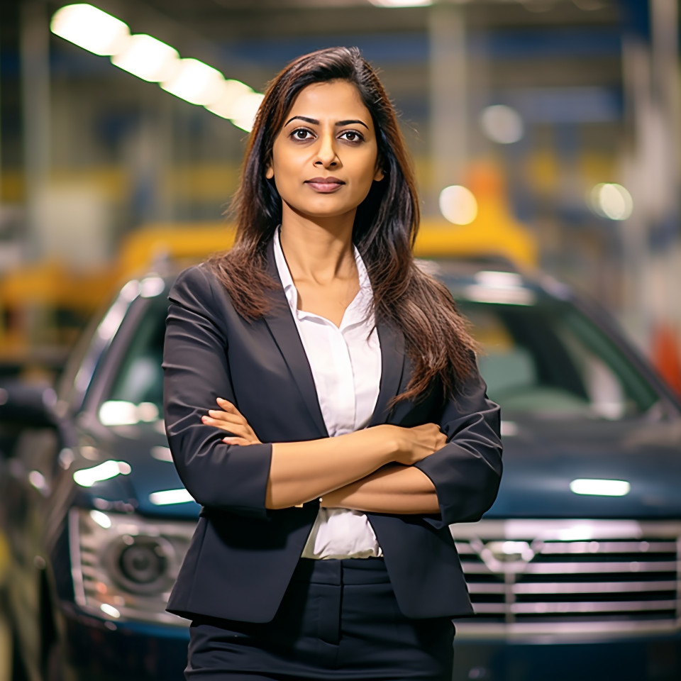 Confident beautiful indian woman automotive human resources manager at work on blured background